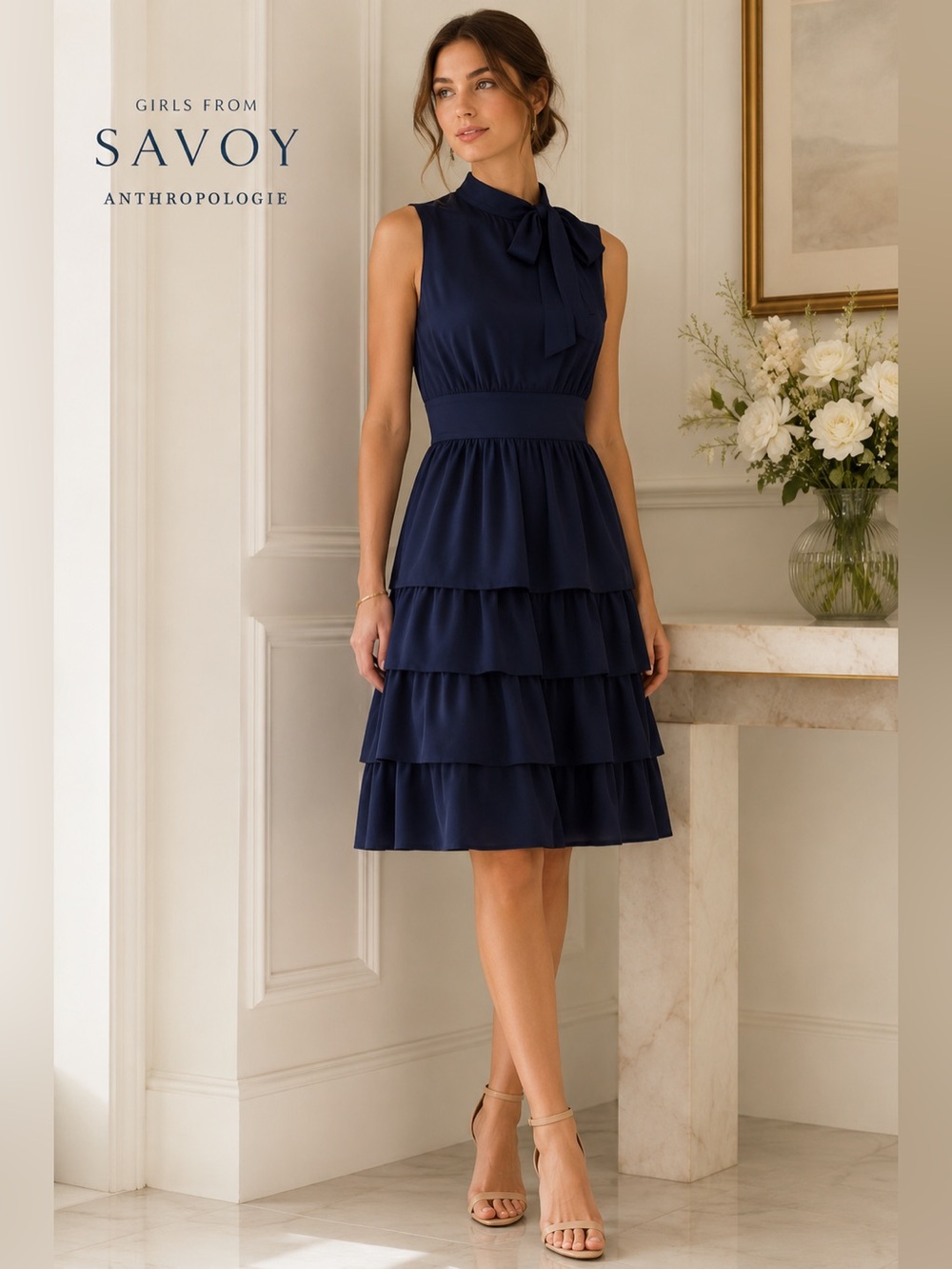 Anthropologie Girls From Savoy 100% Silk Tiered Ruffle Bow Neck Dress Size 2